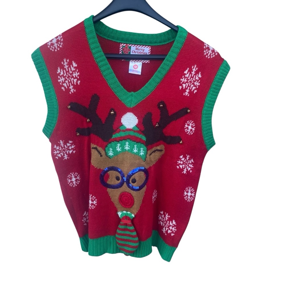 Festive Reindeer Sweater Vest Novelty Parties Winter Holiday Embroidered Xmas
